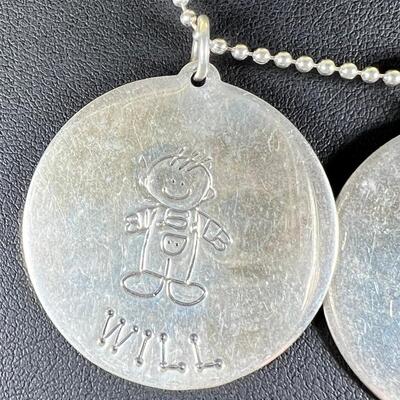 22" ball chain SS with 2 3" discs ( sterling) "Katie" and "Will"