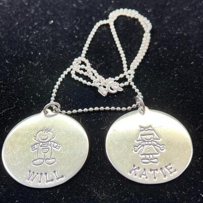 22" ball chain SS with 2 3" discs ( sterling) "Katie" and "Will"