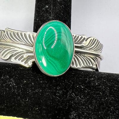 Native American hallmark Robert Kelly  Sterling cuff bracelet with malachite stone