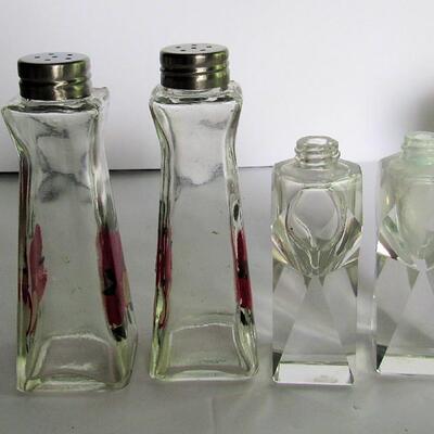 Lot of Clear Salt Shakers, One Hand Painted Set, and Metal Open Salt