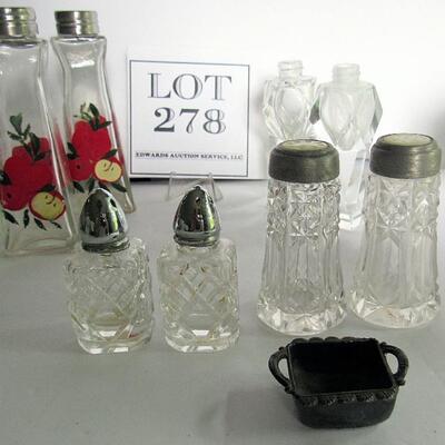 Lot of Clear Salt Shakers, One Hand Painted Set, and Metal Open Salt