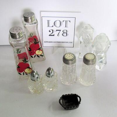 Lot of Clear Salt Shakers, One Hand Painted Set, and Metal Open Salt