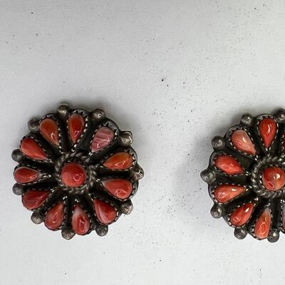1950 Petipoint Navajo  Coral Squash Blossom SS Clip Ons