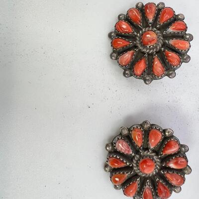 1950 Petipoint Navajo  Coral Squash Blossom SS Clip Ons