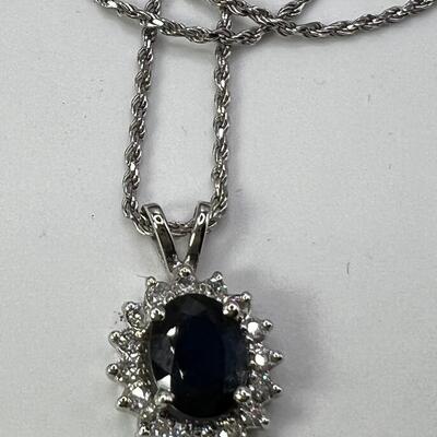 White Gold 14K  and Sapphire Pendant on  Diamond Cut 18"  14K  Chain