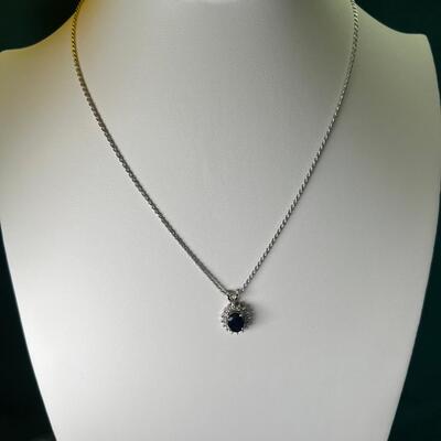 White Gold 14K  and Sapphire Pendant on  Diamond Cut 18"  14K  Chain
