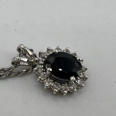 White Gold 14K  and Sapphire Pendant on  Diamond Cut 18"  14K  Chain