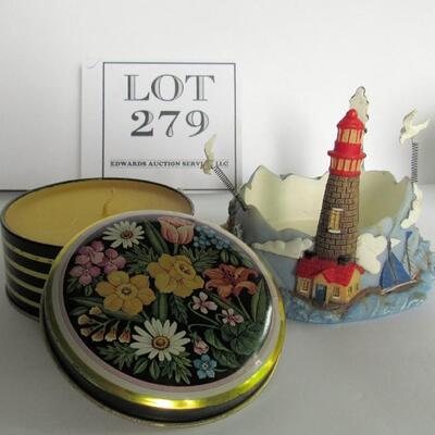 Candle in Fancy Tin and Resin Lighthouse Candle Holder