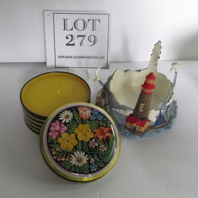 Candle in Fancy Tin and Resin Lighthouse Candle Holder