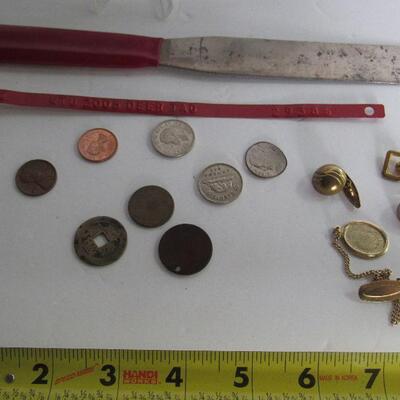 Misc Lot of Stuff: Foreign Coins, Misc Jewelry, Spreader, Metal Tag