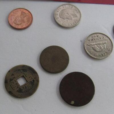 Misc Lot of Stuff: Foreign Coins, Misc Jewelry, Spreader, Metal Tag