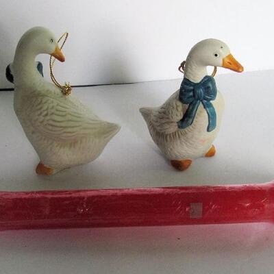 Christmas Goose Ornaments and Candle
