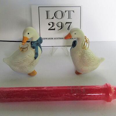 Christmas Goose Ornaments and Candle