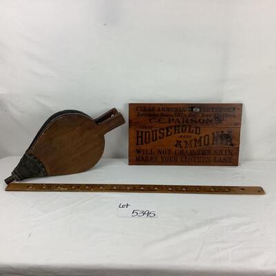 Lot. 5395. Pair of Antique Wooden Advertisements & Antique Fireplace Bellow