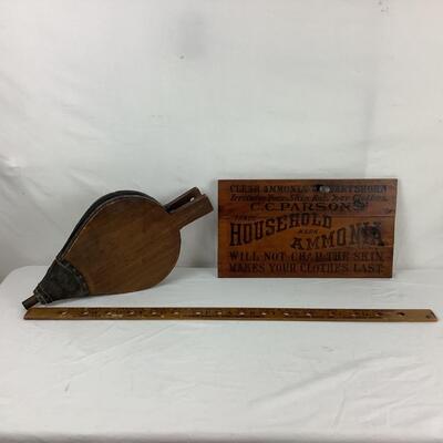 Lot. 5395. Pair of Antique Wooden Advertisements & Antique Fireplace Bellow