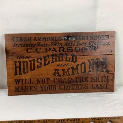 Lot. 5395. Pair of Antique Wooden Advertisements & Antique Fireplace Bellow