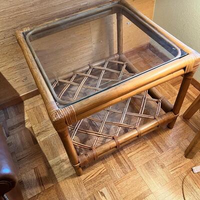 Square bamboo table with thick glass top