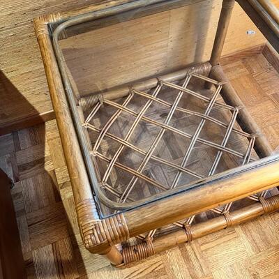 Square bamboo table with thick glass top