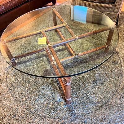 Mid century Glass top round bamboo coffee table