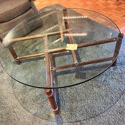 Mid century Glass top round bamboo coffee table