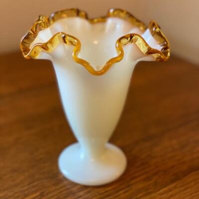 Fenton Milk Glass Gold Amber Crest Ruffled Vase 6.5
