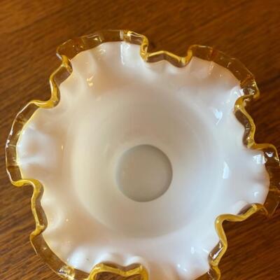 Fenton Milk Glass Fold Amber Crest Ruffled Bowl 7