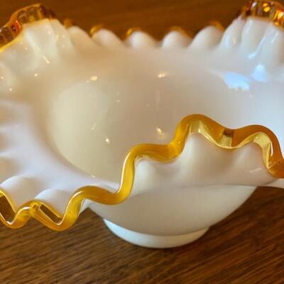 Fenton Milk Glass Gold Amber Cret Ruffled Bowl 7