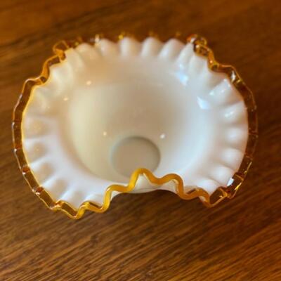 Fenton Milk Glass Gold Amber Cret Ruffled Bowl 7