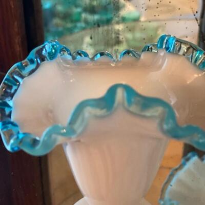 Fenton Milk Glass Blue Ruffle Edge Vase 4.5
