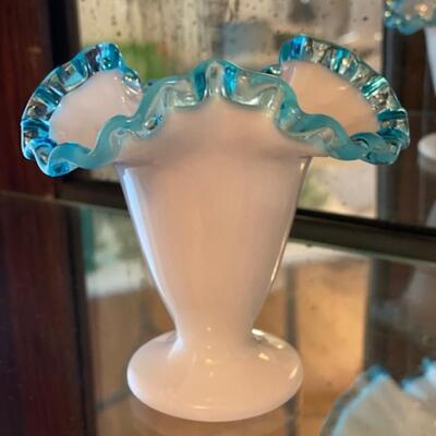 Fenton Milk Glass Blue Ruffle Edge Vase 4.5