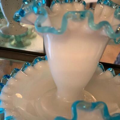Fenton Milk Glass Blue Ruffle Edge Vase and Nut Dish