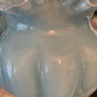Fenton Glass Rose Bowl Vase Blue Overlay Ruffle Crimped Edge Ribbed Sides