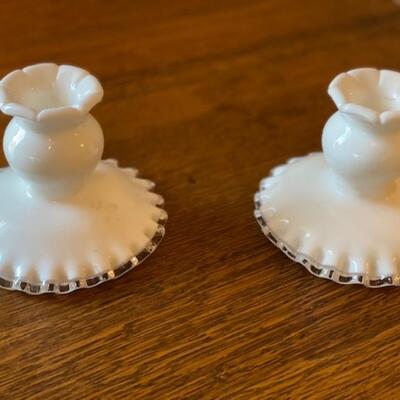 Fenton Milk Glass Silver Crest Set of Candle Holders