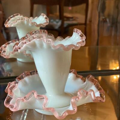 Fenton Milk Glass Pink Ruffle Vase and Nut Dish