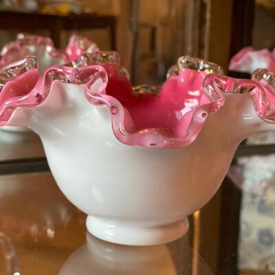 Fenton Milk Glass Pink Bowl w/Ruffles 7