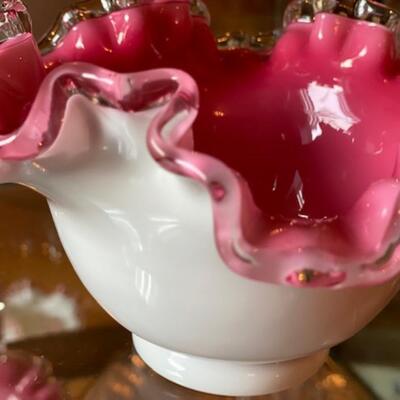 Fenton Milk Glass Pink Bowl w/Ruffles 7