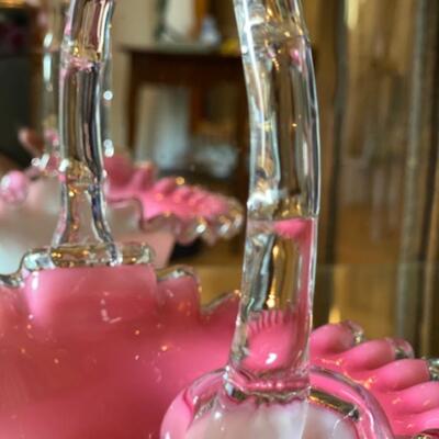 Fenton Milk Glass Pink Clear Ruffle Basket