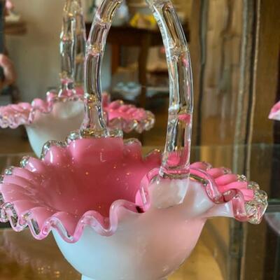Fenton Milk Glass Pink Clear Ruffle Basket