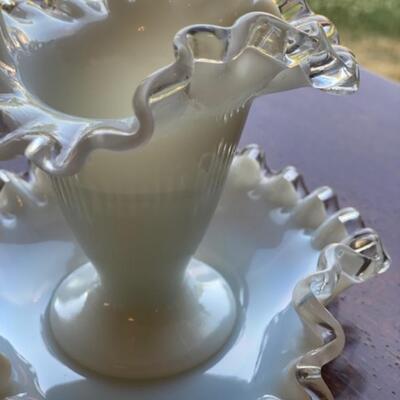 Fenton Milk Glass Silver Crest Vase and Nut Bowl