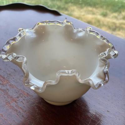 Fenton Milk Glass Silver Crest Ruffled Bowl