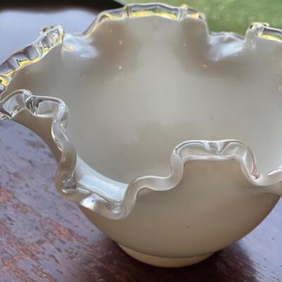 Fenton Milk Glass Silver Crest Ruffled Bowl