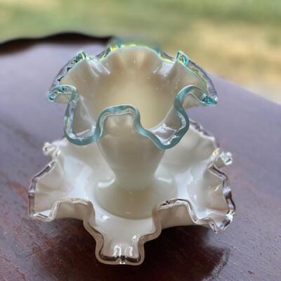 Fenton Milk Glass Blue and Silver Crest Vase and Nut Bowl