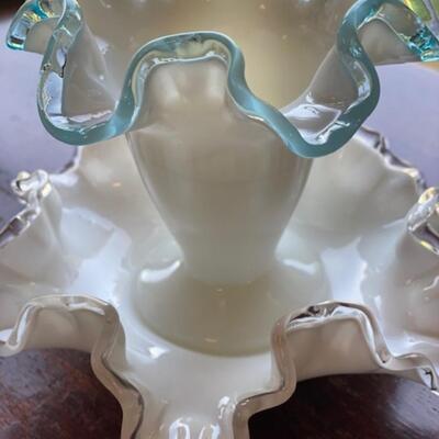 Fenton Milk Glass Blue and Silver Crest Vase and Nut Bowl