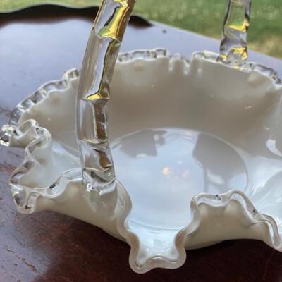 Fenton Milk Glass Silver Crest and Clear Handle Ruffled Basket