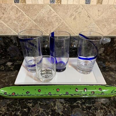 LOT 28R:  Blue Swirl Beverage Glasses, Olive Dish, Serving Dish & More