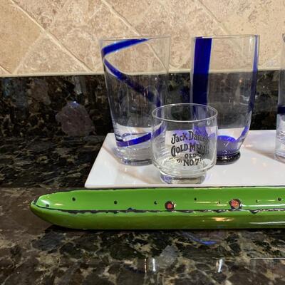 LOT 28R:  Blue Swirl Beverage Glasses, Olive Dish, Serving Dish & More