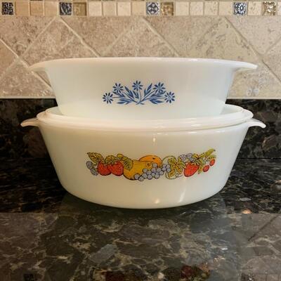 LOT  30R: Fire King Anchor Hocking Casserole: Natures Bounty Fruit Round  w/Lid  & Blue Cornflower