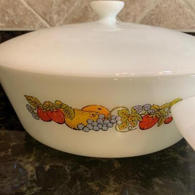 LOT  30R: Fire King Anchor Hocking Casserole: Natures Bounty Fruit Round  w/Lid  & Blue Cornflower