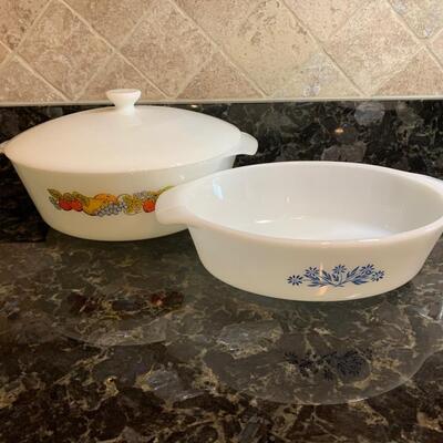 LOT  30R: Fire King Anchor Hocking Casserole: Natures Bounty Fruit Round  w/Lid  & Blue Cornflower