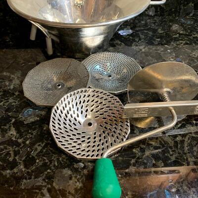 LOT 32R:  Louis Tellier Food Mill, Stainless Steel Bowls w/Lids & More